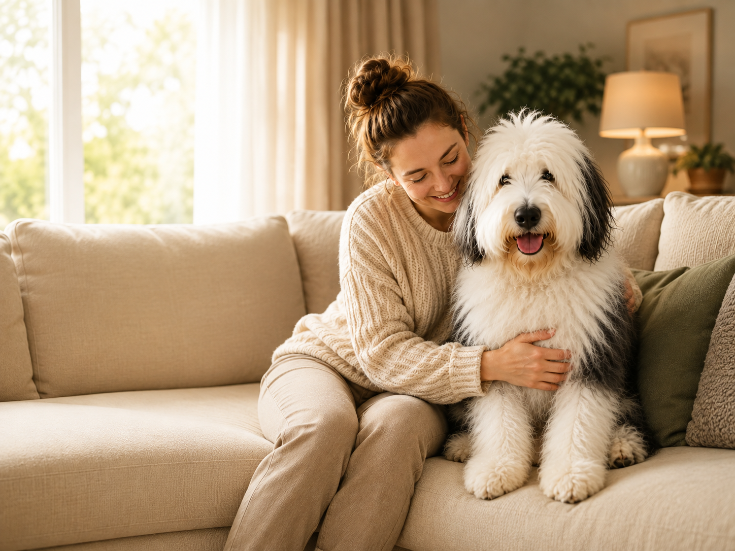 Woman cuddling an Old English Sheepdog at home