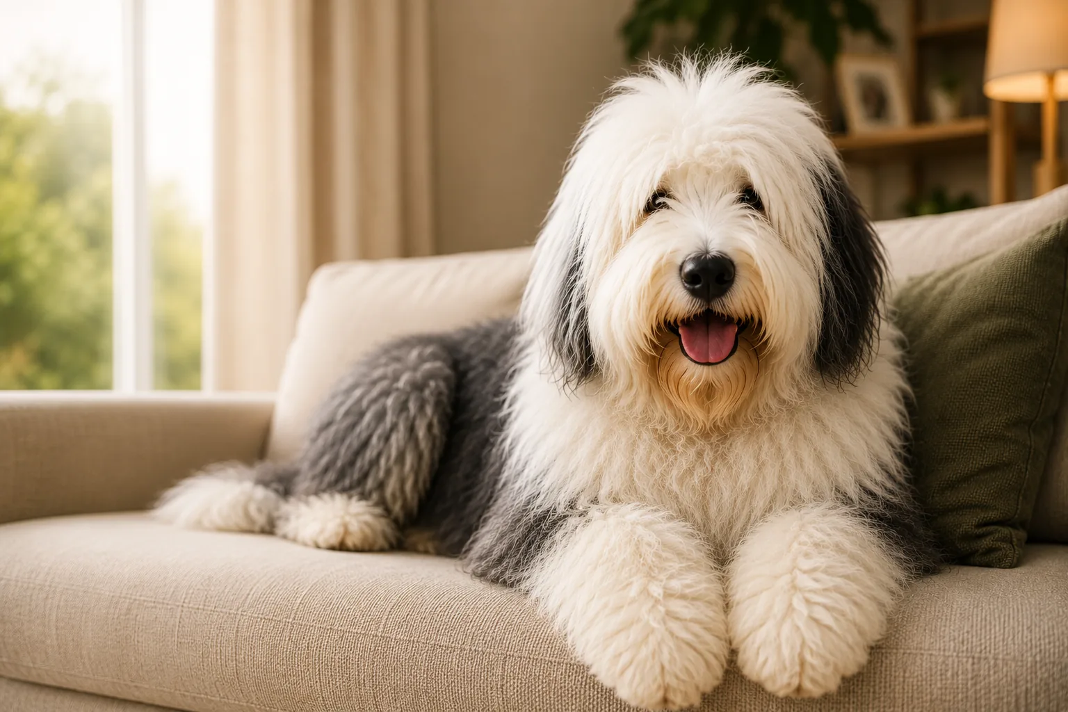 Willow, an Old English Sheepdog, resting on a sofa